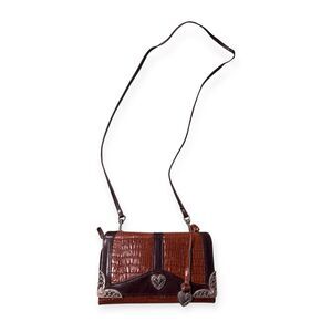 Brighton Wallet Crossbody Brown Purse Clutch Faux Leather Croc Boho Chic Vintage